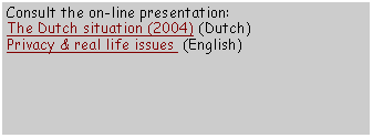 Tekstvak: Consult the on-line presentation:The Dutch situation (2004) (Dutch)Privacy & real life issues  (English)